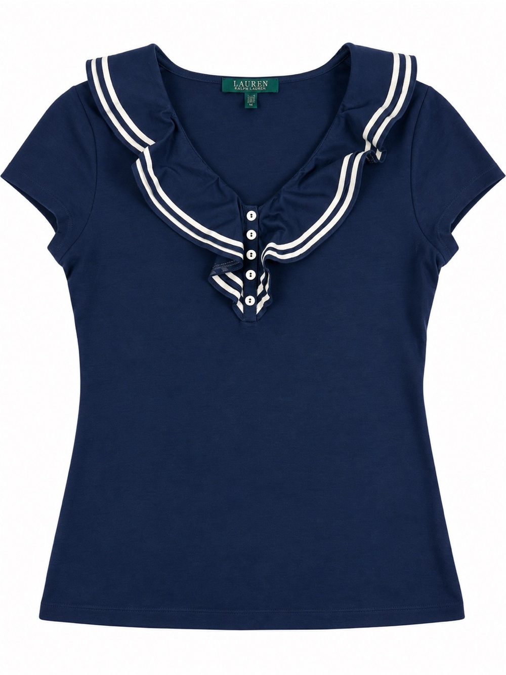 Lauren Ralph Lauren Petite Navy Ruffle Neck Cotton Top PM